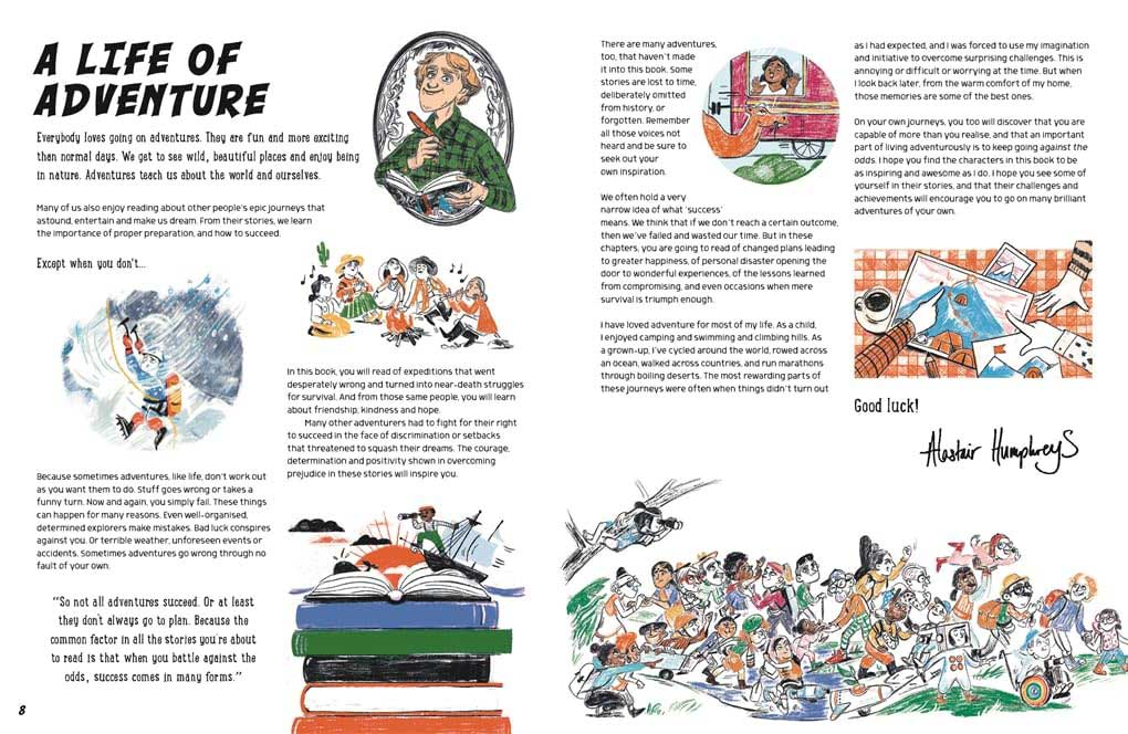 Against the Odds: The Incredible Struggles of 20 Great Adventurers by Alastair Humphreys, illustrated by Pola Mai spread 1