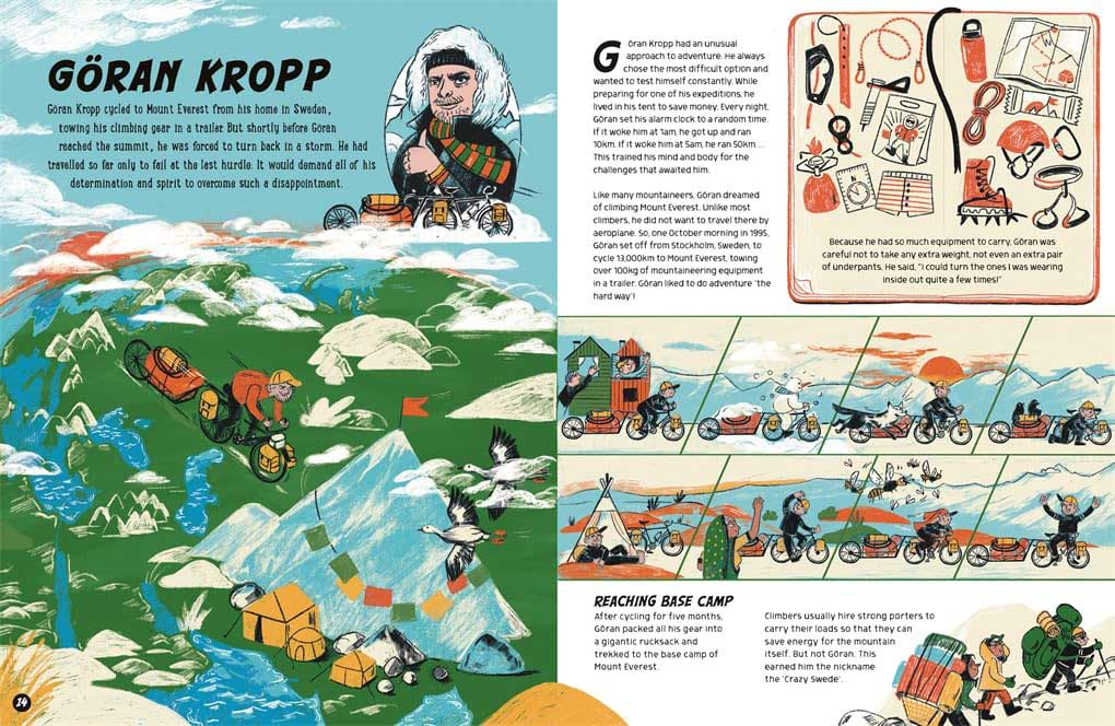 Against the Odds: The Incredible Struggles of 20 Great Adventurers by Alastair Humphreys, illustrated by Pola Mai spread 2
