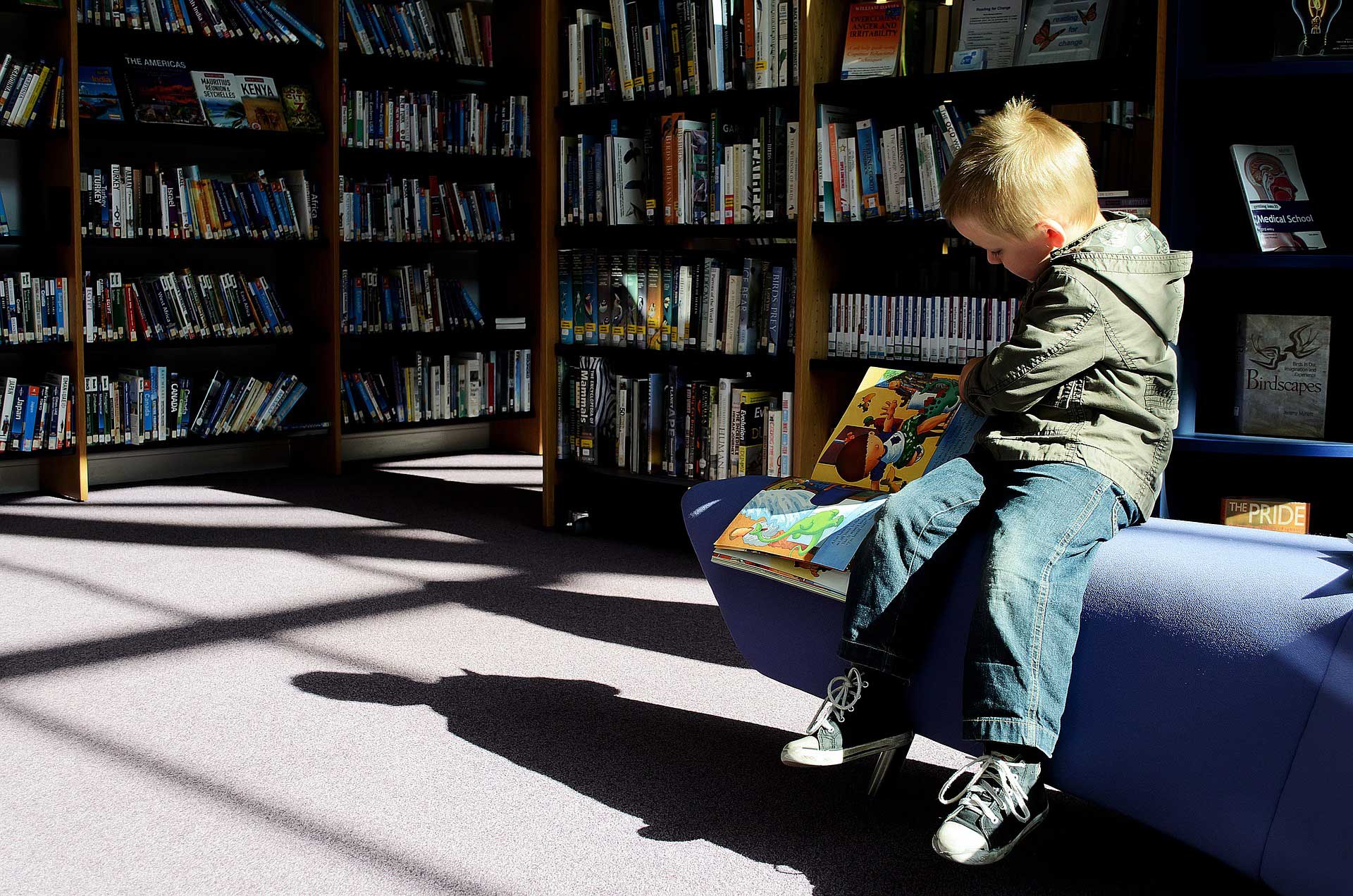 A child reading in a library.
