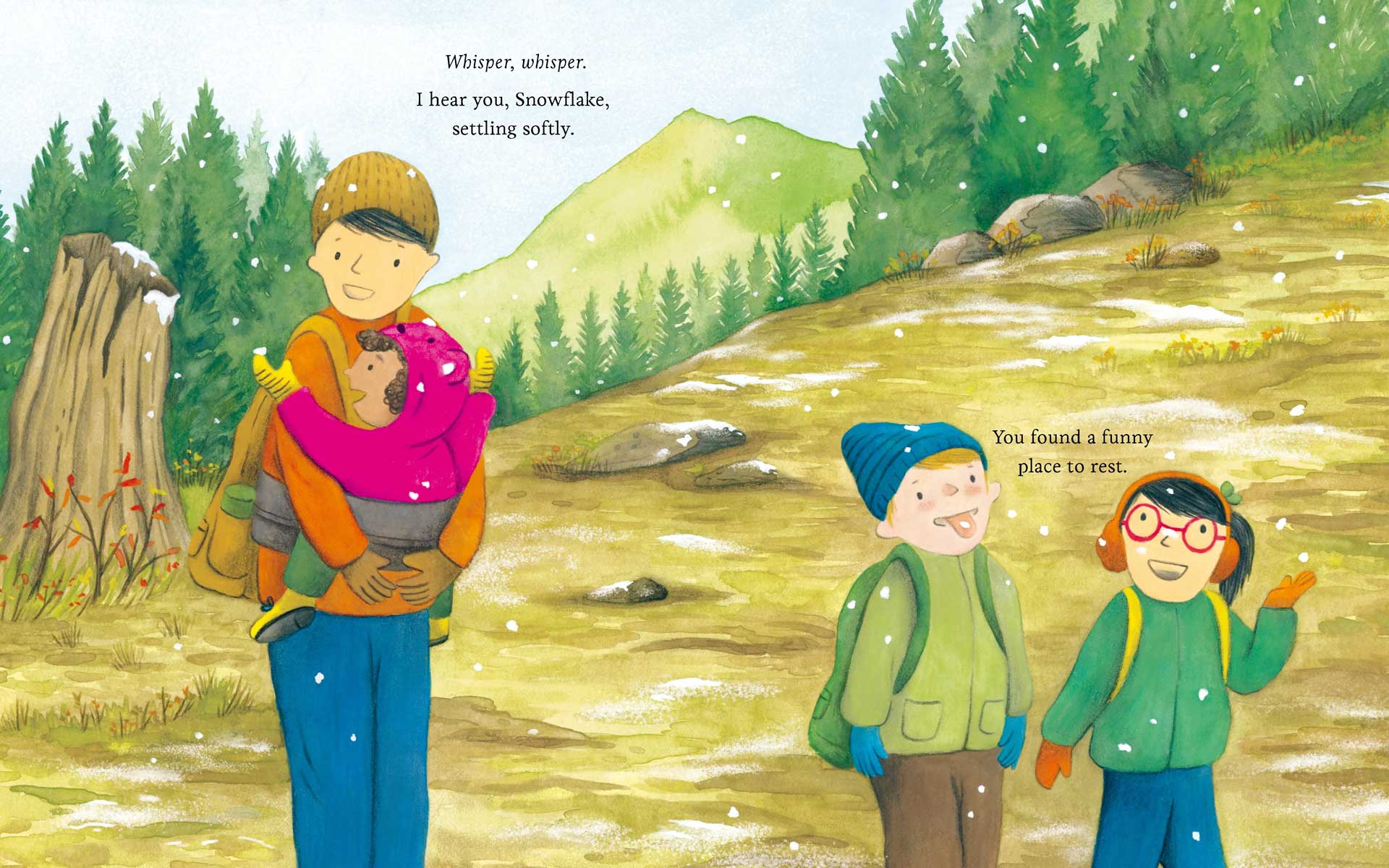 I Hear You, Mountains (Sounds of Nature) by Kallie George, illustrated by Carmen Mok spread 1