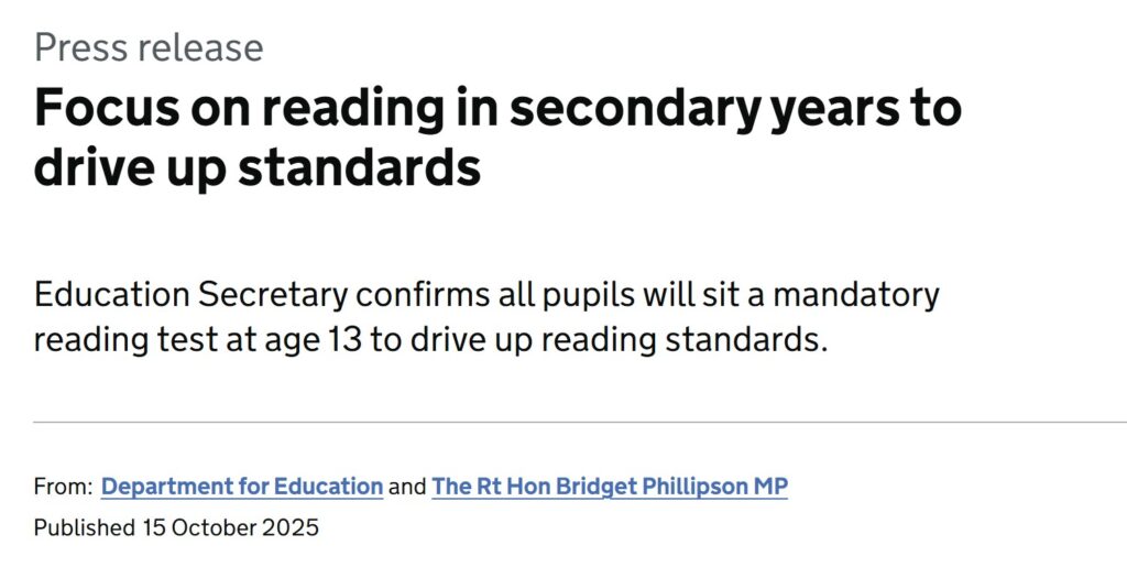 DfE Reading in Secondary Years announcement
