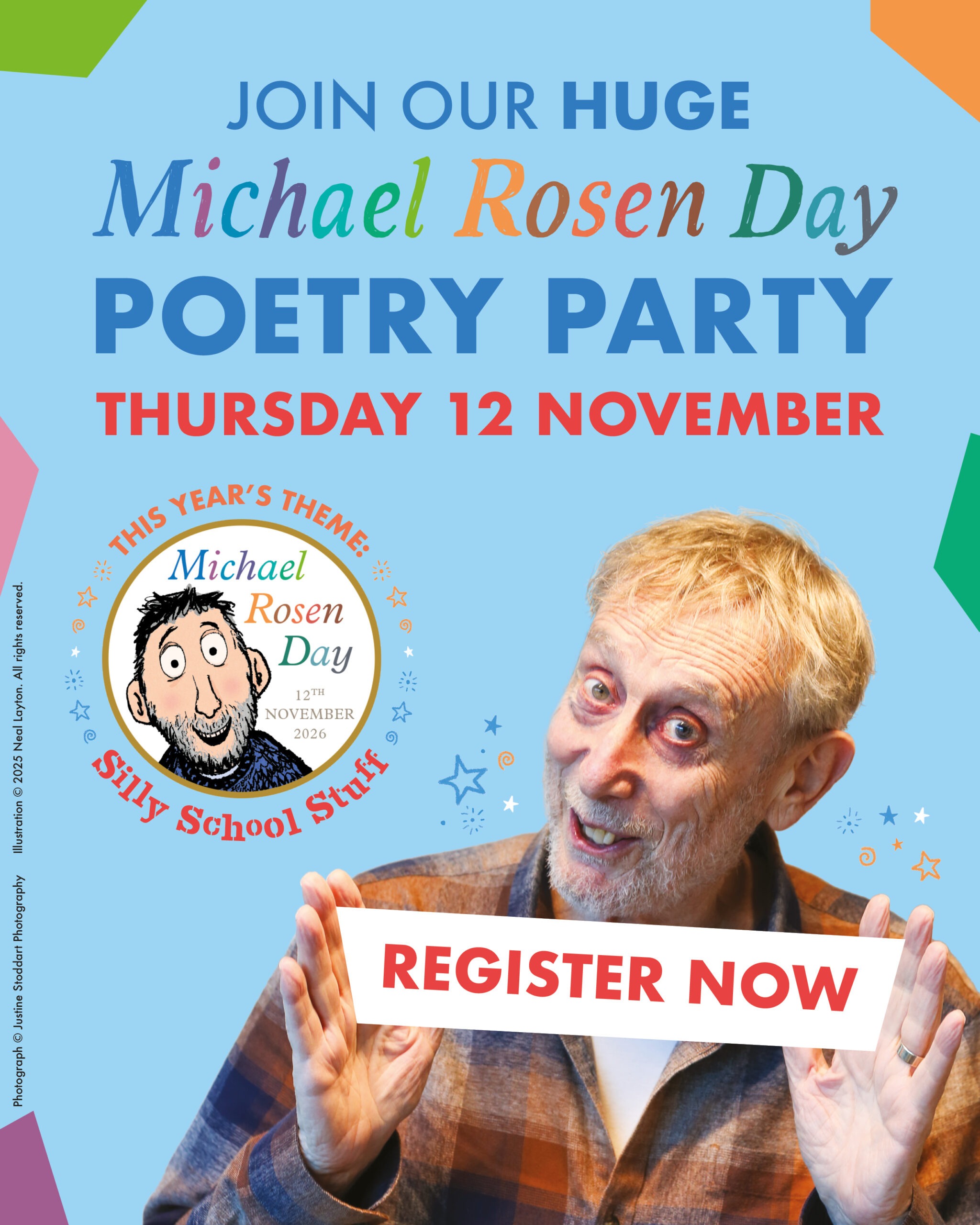 Michael Rosen invites schools to join the Michael Rosen Day Poetry Party on Thursday 12 November 2026