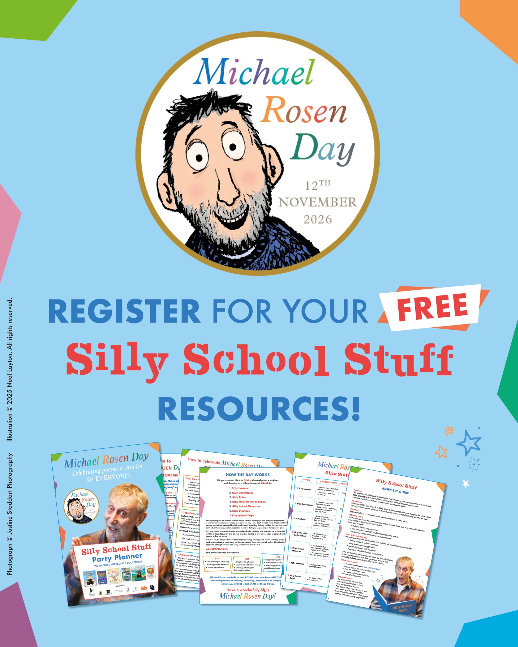 Register for free Silly School Stuff resources for Michael Rosen Day 2026