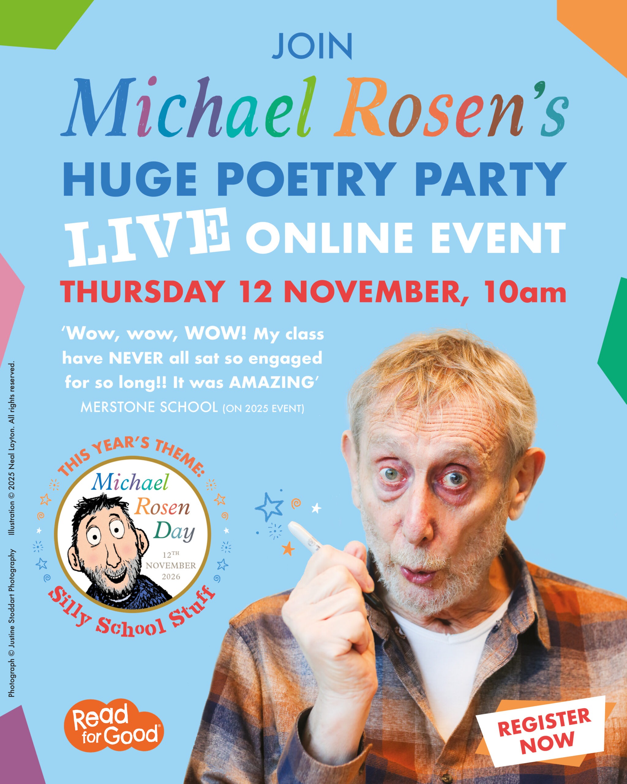 Michael Rosen’s Huge Poetry Party livestream, Thursday 12 November 2026 at 10am