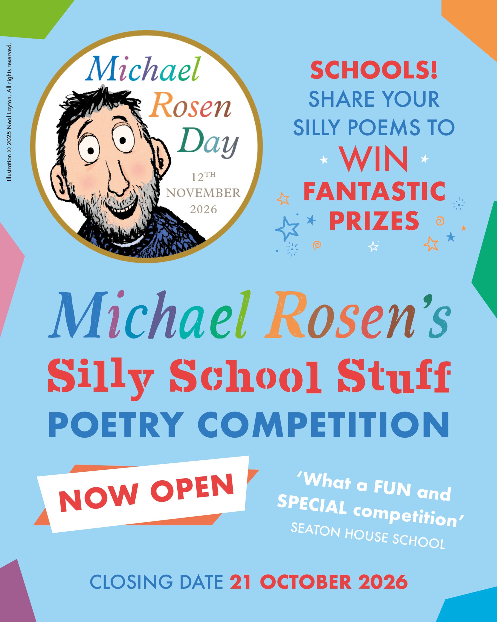 Michael Rosen Day 2026 Silly School Stuff poetry competition, closing date 21 October